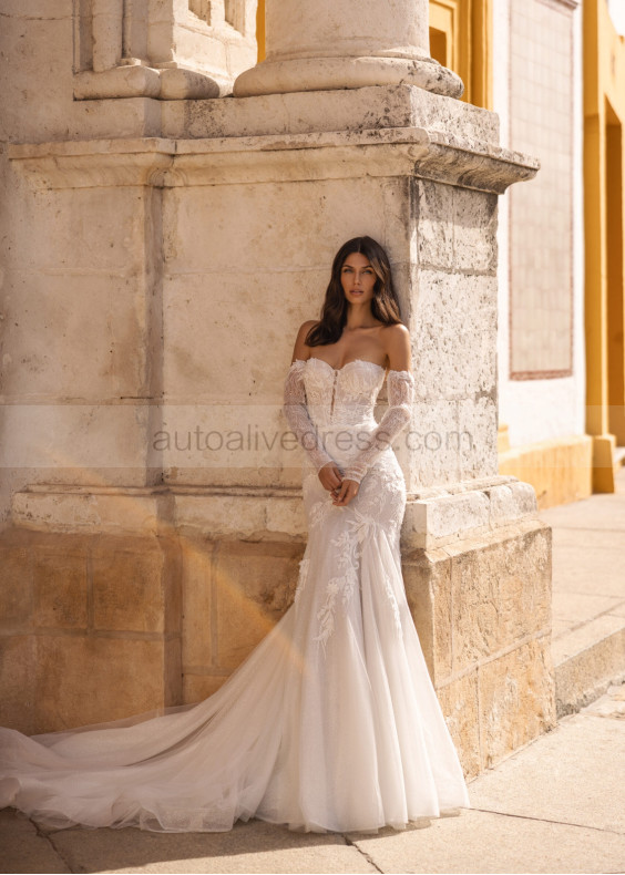 Strapless Ivory Lace Glitter Tulle Wedding Dress With Detachable Sleeves